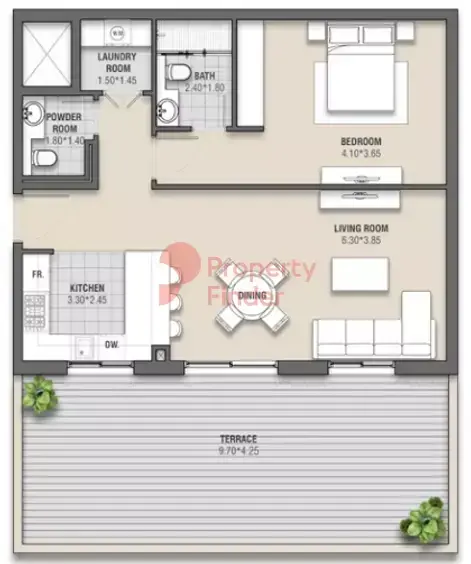 Планировка — 1-спальная, 117 м²