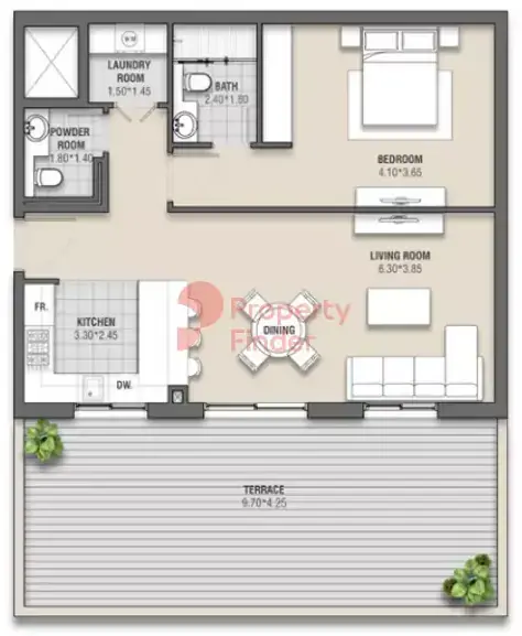 Планировка — 1-спальная, 114 м²