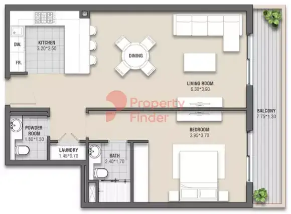 Планировка — 1-спальная, 82 м²