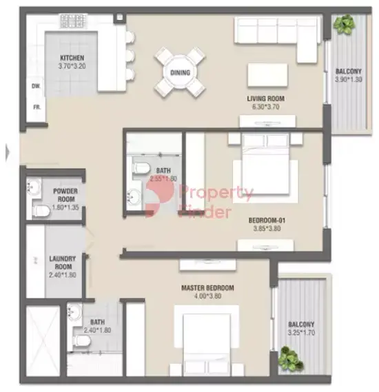 Планировка — 2-спальная, 117 м²