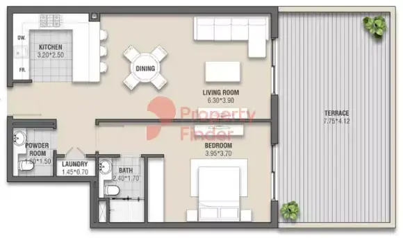 Планировка — 1-спальная, 105 м²